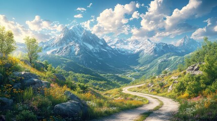 A scenic mountain landscape featuring lush greenery, wildflowers, and a winding dirt path under a bright sky filled with fluffy clouds.