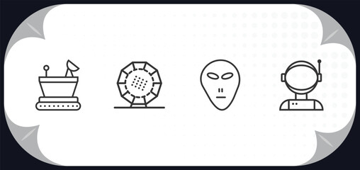 outline icons set - astronomy concept. moonwalker, stargate, little extraterrestial, astronaut ingravity.
