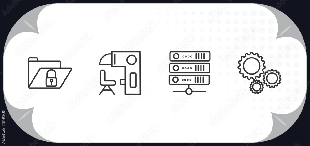Poster outline icons set - artificial intellegence concept. secure data, sensorama, servers, hine.