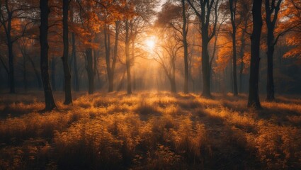 Obraz premium Panorama of sunlight in a forest during autumn nature landscape.