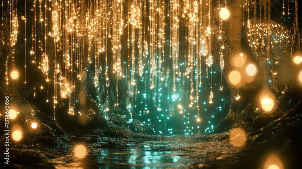 Poster a mystical cave illuminated by shimmering lights, creating an enchanting atmosphere.
