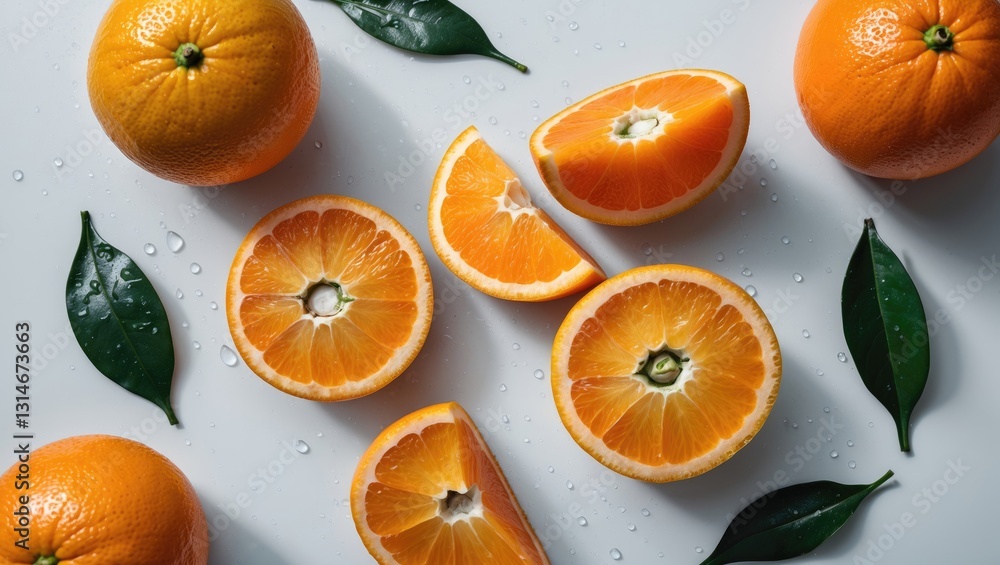 Poster view from above of fresh oranges with some halved, isolated on a background.