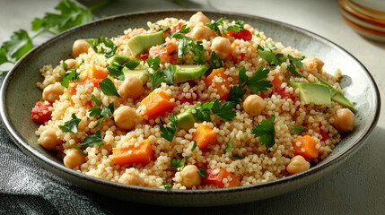 Couscous salad with chickpeas, avocado, and sweet potato