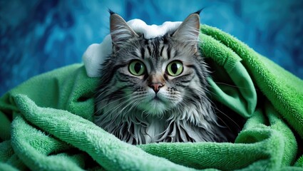 Funny wet gray tabby cat with wide eyes after a bath, wrapped in a green towel. Just washed beautiful fluffy cat against a blue backdrop with soap foam on its head.