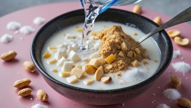 water being added to a bowl of garri, milk, sugar, and groundnut