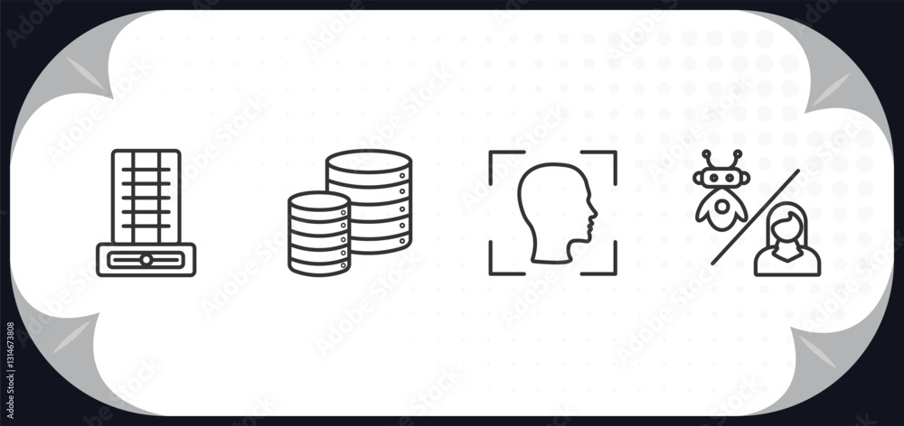 Poster outline icons set - artificial intellegence concept. difference engine, database, face recognition, 