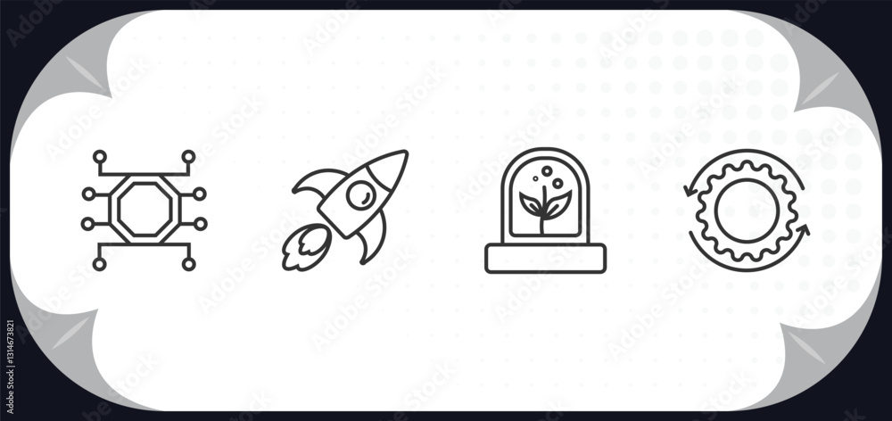 Poster outline icons set - artificial intellegence concept. unsupervised learning, rocket, artificial atmos