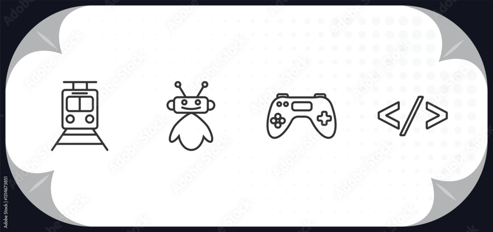 Poster outline icons set - artificial intellegence concept. train, robot assistant, gaming, code.