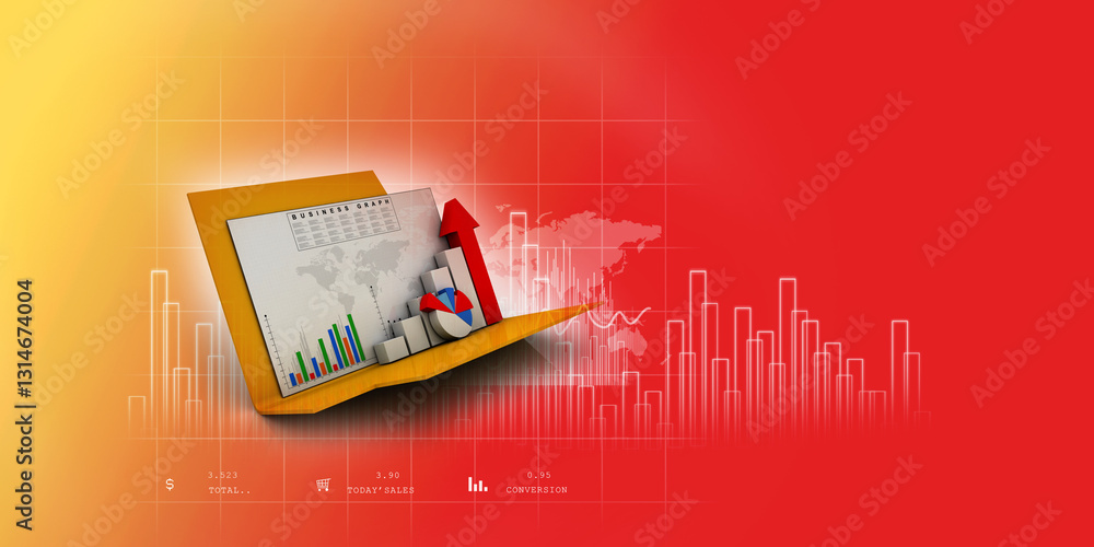 Poster 3d rendering stock market online business concept. business graph with folder