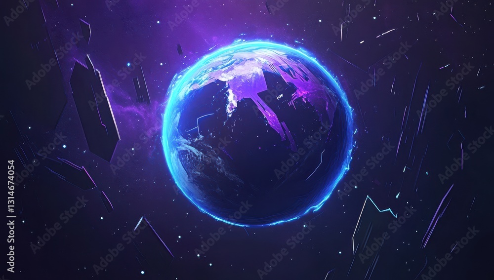 Poster captivating digital art of earth surrounded by glowing cosmic elements in a starry space environment