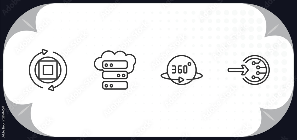 Poster outline icons set - artificial intelligence concept. rotation, storage, 360 degrees, log in.