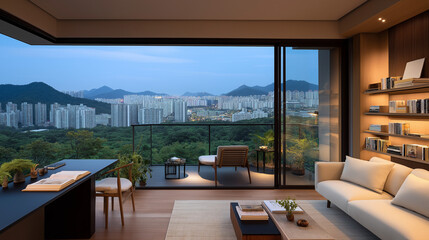 Fototapeta premium Urban Oasis: An exquisite modern living room, seamlessly blending indoor comfort with panoramic city views from a spacious balcony, offering a sanctuary of tranquility and elegance.