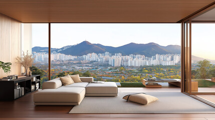 Fototapeta premium Panoramic Living: A modern, spacious living room with expansive windows offers a stunning view of a cityscape and majestic mountains. This interior design showcases comfort and urban serenity.