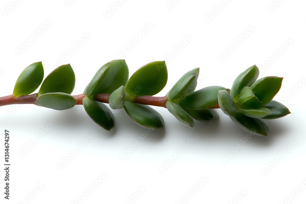 Poster fresh succulent branch with green fleshy leaves arranged in symmetrical pattern on white background,