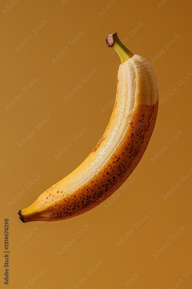 Poster close up of a ripe banana with brown spots on a warm brown background in a studio setting with natur