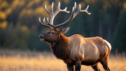 Fototapeta premium Close-up of a bull elk bugling, making a high-pitched sound during mating season. Bugling serves as a challenging or defiant call to other bulls to announce their presence.