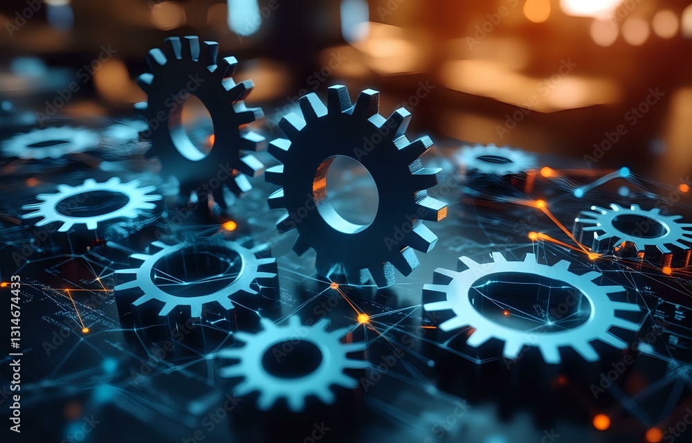 Poster metallic gears with blue illumination on dark background, connected by glowing network lines showing