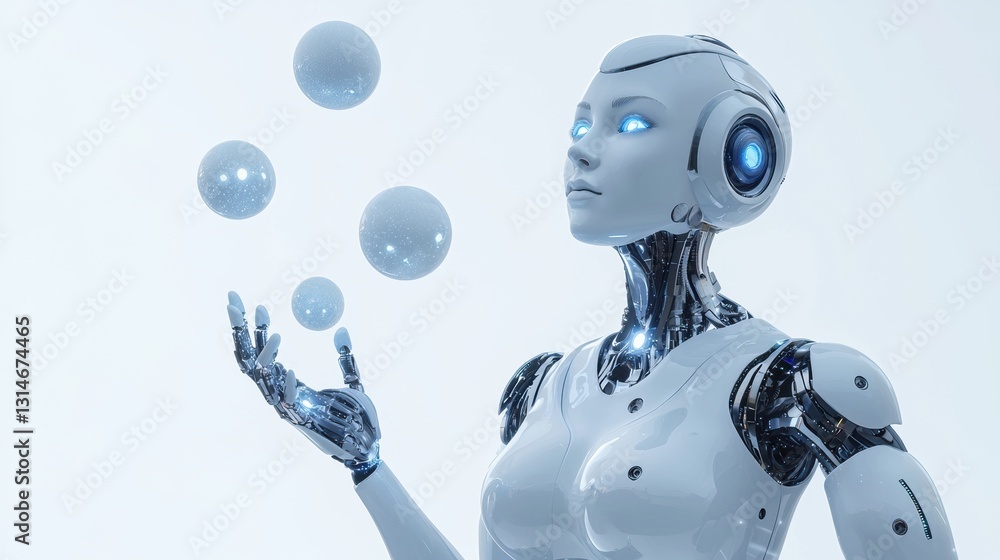 Poster shining silver robot with blue eyes performing a juggling act with transparent spheres in a minimali