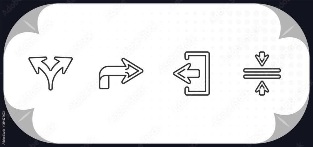 Poster outline icons set - arrows concept. split arrows, right arrow curved, exit top right, vertical merge