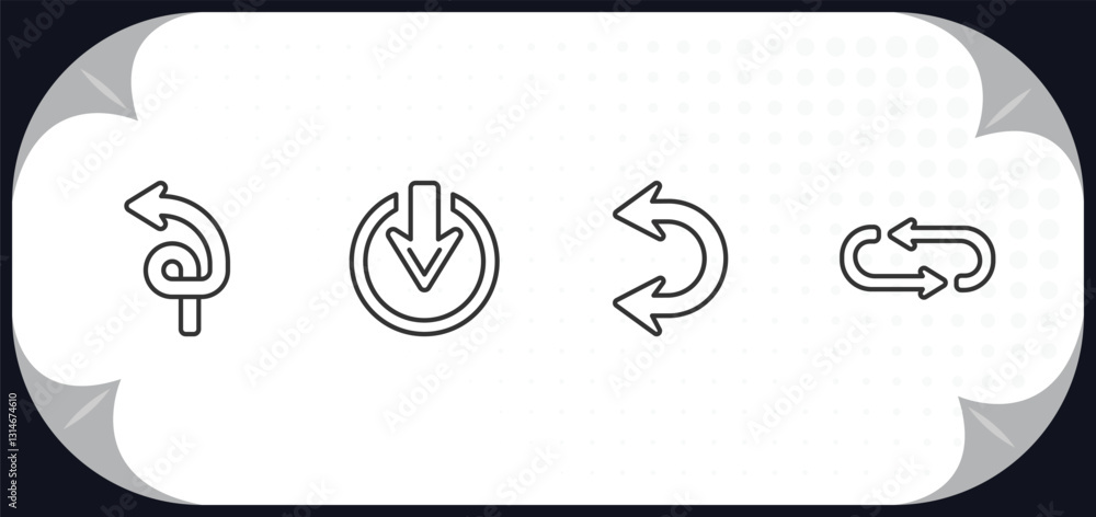 Poster outline icons set - arrows concept. spiral arrow, exit down, double curve arrow, loop arrows.