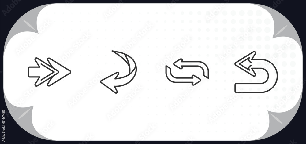 Poster outline icons set - arrows concept. next, curved down left arrow, looping arrow, return.