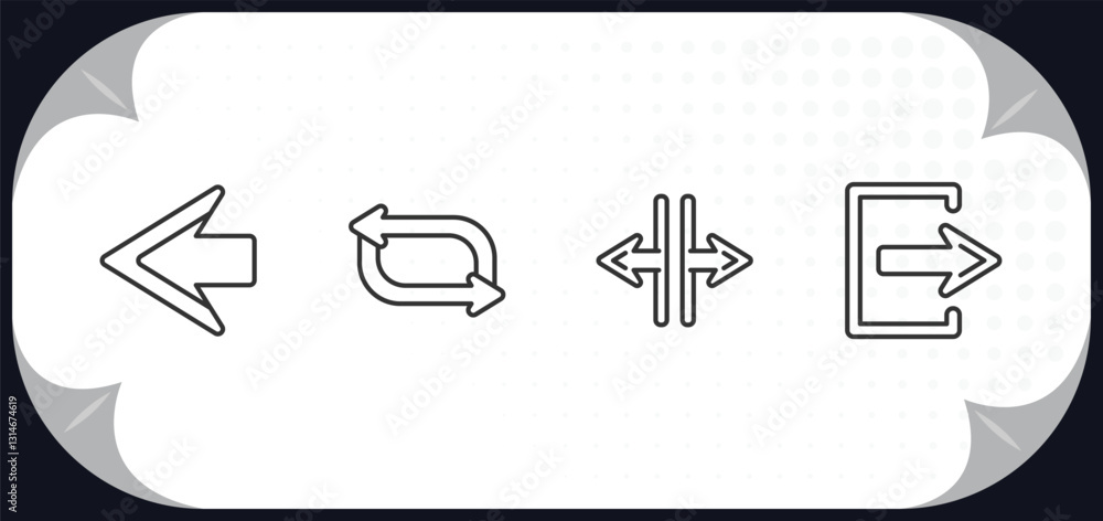 Poster outline icons set - arrows concept. left arrow, shuffle, horizontal resize, exit right.