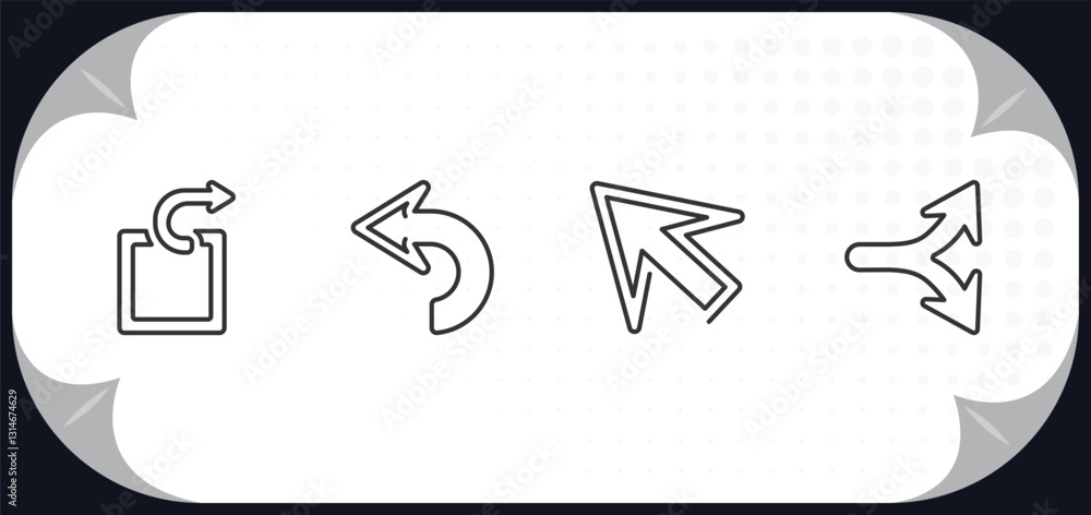 Poster outline icons set - arrows concept. extract, backward arrow, diagonal arrows, horizontal split.