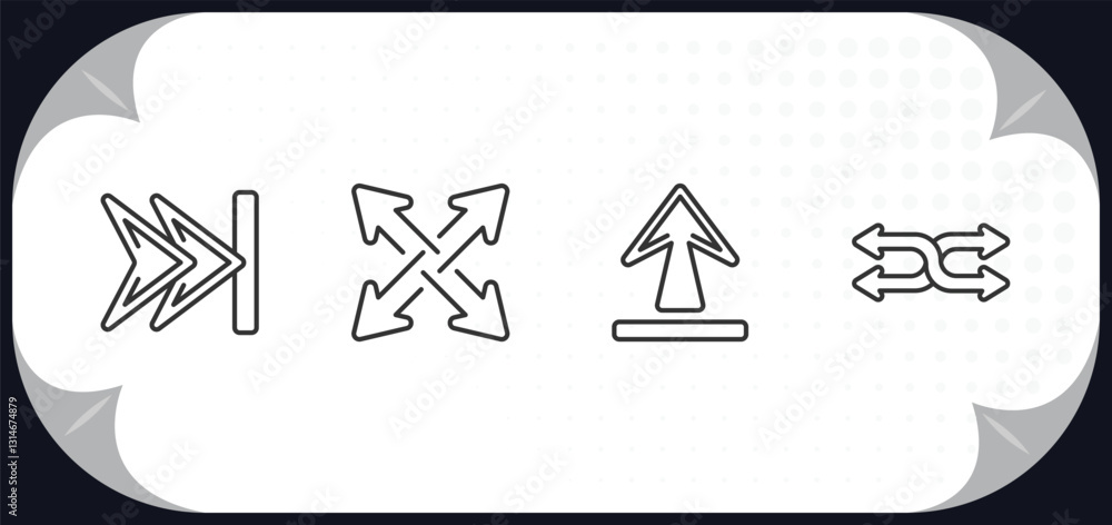 Poster outline icons set - arrows concept. skip track, expad arrows, underline up arrow, suffle.