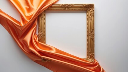 Flying orange satin fabric revealing golden frame, abstract new product launch backdrop with motion blur.