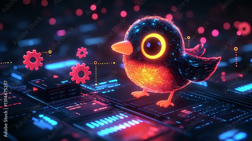 Poster glowing neon bird character on digital circuit board with floating gear elements and pink particles,