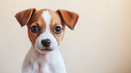 Adorable brown and white puppy portrait, large expressive eyes, soft fur texture, against a beige background, showcasing innocence and pet adoption themes