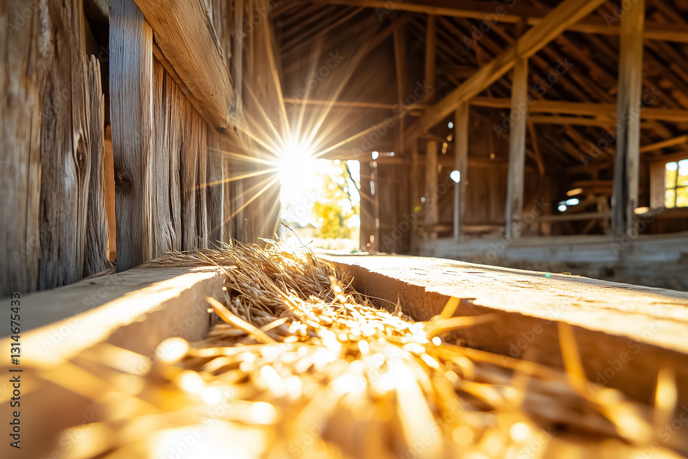 Poster sunlight streams into a rustic barn, illuminating the dried flax stalks that create an atmosphere of