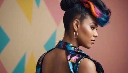 Naklejka premium Stunning Fashion Portrait of a Black Woman Showcasing Trendy Hairstyle and Contemporary Style in Urban Setting