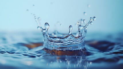 Water drop crown splash captured in high speed macro photography against blue background, showing liquid dynamics and surface tension in frozen motion.