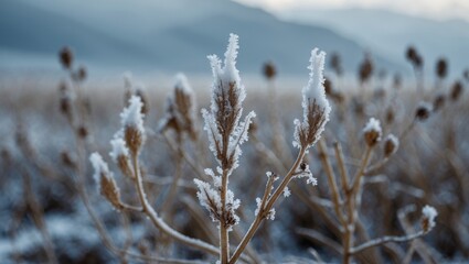 Hoarfrost and snow on dried plants. Narrow depth of field and selective focus.