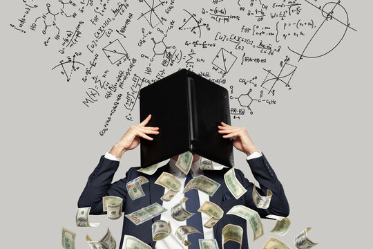 Frustrated stressed businessman hiding his head under laptop in office with mathematical formulas on the background and dollars falling from his laptop. C