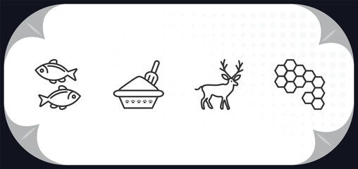 outline icons set - animals concept. two golden carps, litter box, deer, bee hive.