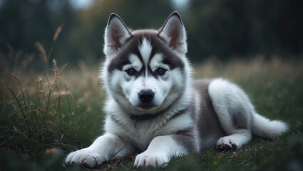 Obraz premium Resting beautiful Siberian husky puppy in the grass.