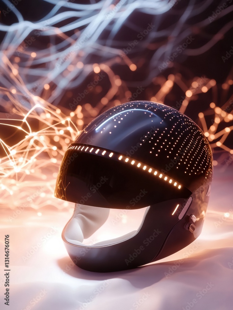 Poster innovative neurostimulation helmet designed for hair growth with gentle light and abstract wave sign