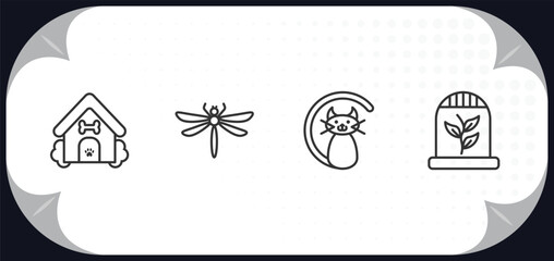 outline icons set - animals concept. dog house, dragon fly, black cat, herpetarium.
