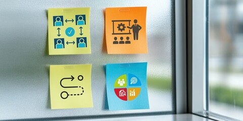 Business reorganization strategy. Colorful Sticky Notes with Icons Representing Team Collaboration and Planning