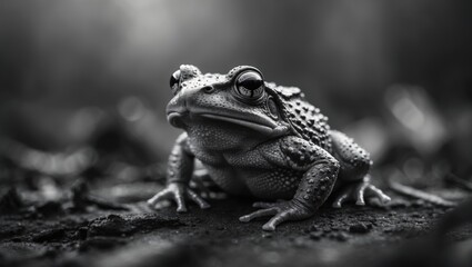Black and white image of a portrait featuring a toad.
