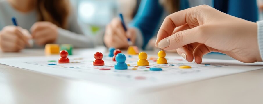 Business reorganization strategy. Engaging Group Activity with Colorful Game Pieces on Tabletop