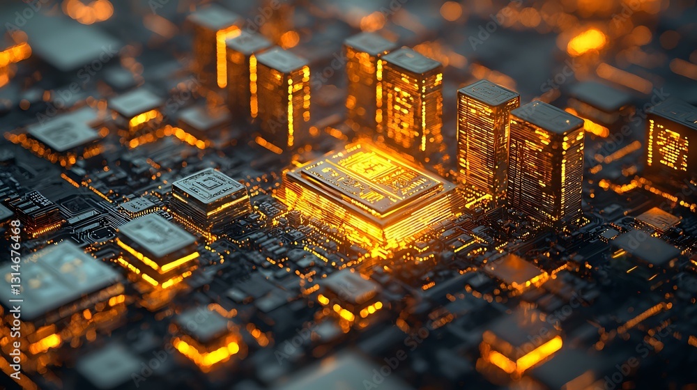 Poster glowing microchip on circuit board with orange light emission, futuristic computer processor technol