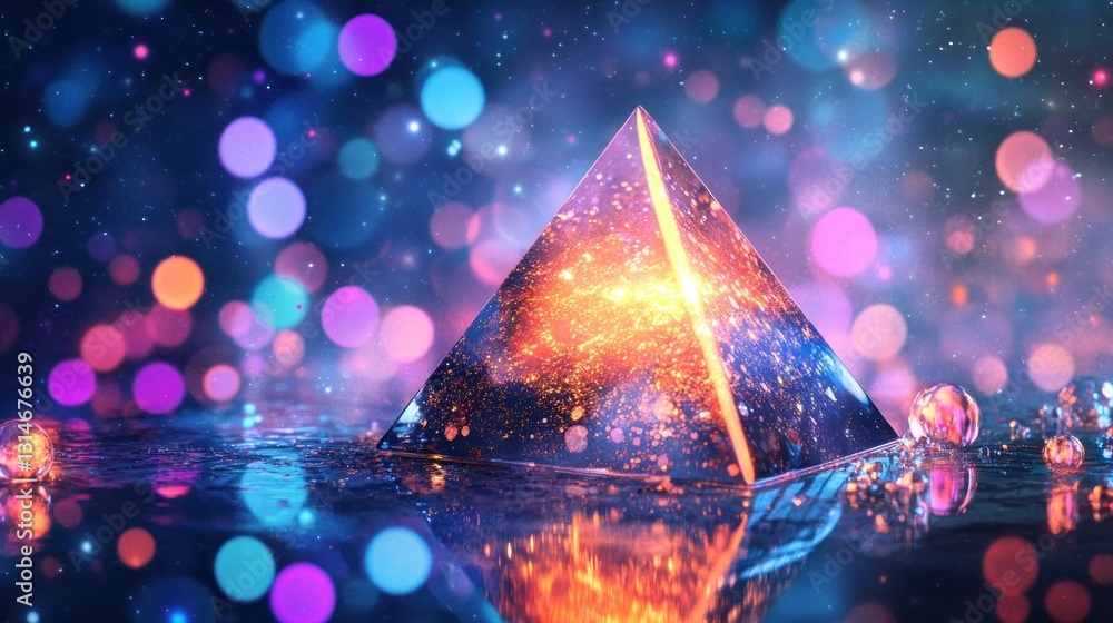 Poster a glowing pyramid surrounded by colorful bokeh lights in a reflective environment.