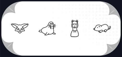 outline icons set - animals concept. fennec fox, walrus, llama, mole.