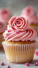 Close-up of pink cupcake with rose-shaped frosting and pink hearts, showcasing Valentine's Day theme, ideal for bakery or dessert advertisement