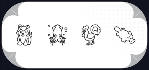 outline icons set - animals concept. siberian husky, squid, cock, platypus.