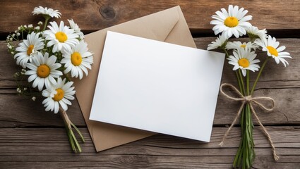 Obraz premium Blank white greeting card accompanied by a brown envelope and wither flowers placed on a wooden table with a vintage and vignette tone.