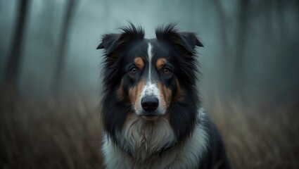 Fototapeta premium Portrait of a fluffy collie-type working dog showing head and shoulders.